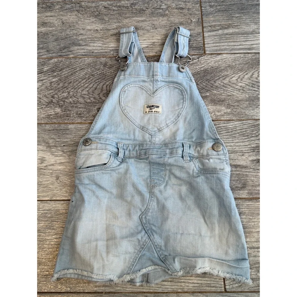 OshKosh B'gosh Denim Overall Dress‎ Skirt Kids 4T Heart Girls 4 Toddler Bibs